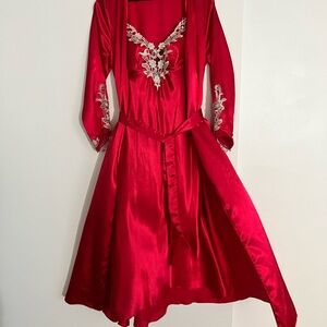 Embroidered Nightgown and Robe Set, Red/HotPink, Size S/M